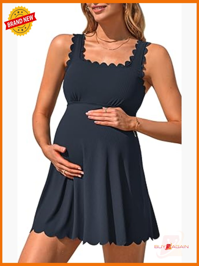 Ribbed Maternity Swimsuit One Piece Scalloped Pregnancy Bathing Suit Push Up